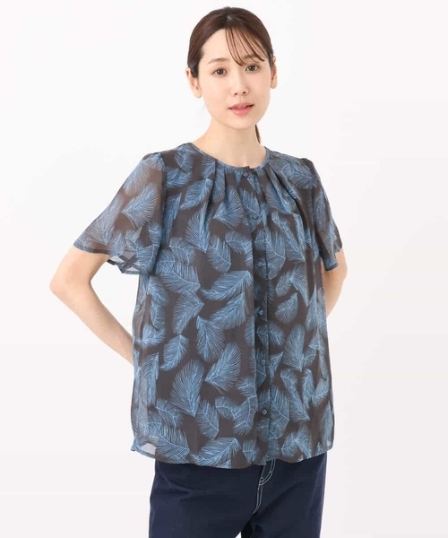 ブラウス シャツ リーフ柄シフォンブラウス/洗える レディース リーフ柄シフォンブラウス／洗える | MK MICHEL KLEIN (Women
