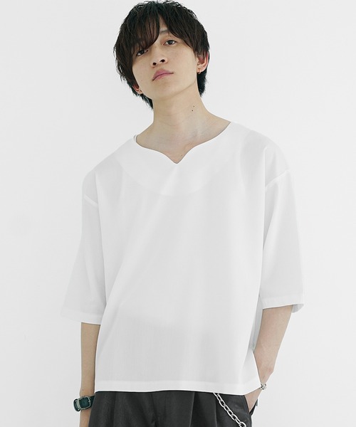 MinoriTY】フェイクリネン素材キーネックネップハーフスリーブTシャツ