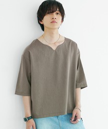 【MinoriTY】フェイクリネン素材キーネックネップハーフスリーブTシャツ 半袖Tシャツ メンズ 夏服 オーバーサイズ ビッグサイズ