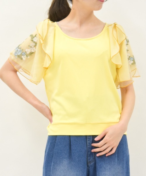 axes femme（アクシーズファム）の「チュール×刺繍フレア袖プルオーバー（Tシャツ/カットソー・レディース・キナリ/イエロー/ネイビー/ミント・FREE）」の4枚目の写真