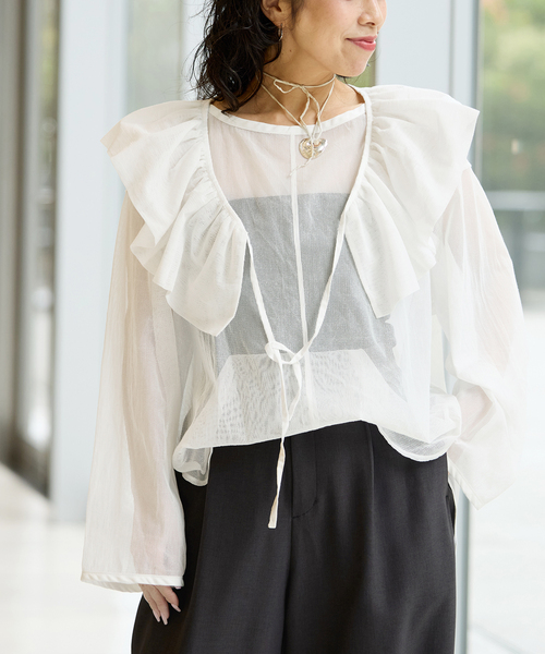 IENA LA BOUCLE フリルブラウス IENA LA BOUCLE メッシュフリルプルオーバー（シャツ/ブラウス