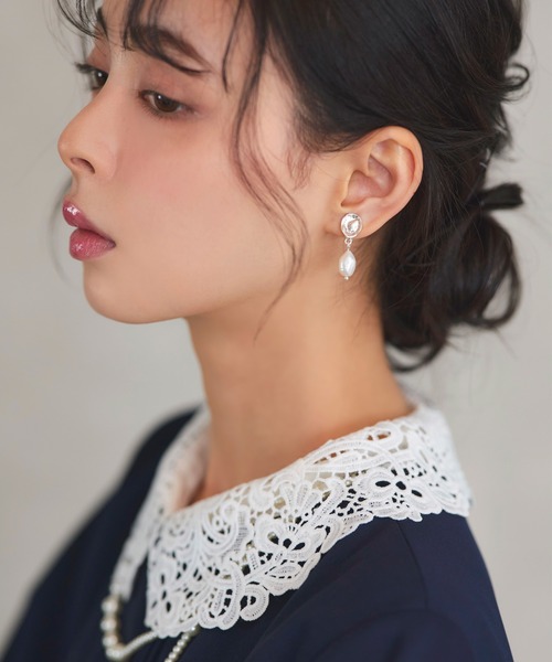 メタルラウンド 淡水パール ドロップ イヤリング ｜ レディース 結婚式