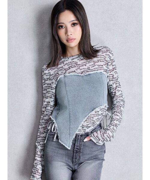 GYDA(ジェイダ)の「GYDAデニムシアードッキングトップス(Tシャツ/カットソー・レディース・オフホワイト/ブラック・FREE)」の3枚目の写真