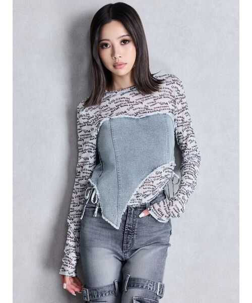 GYDA(ジェイダ)の「GYDAデニムシアードッキングトップス(Tシャツ/カットソー・レディース・オフホワイト/ブラック・FREE)」の4枚目の写真