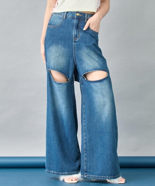 バックリボンポイントデザインデニムパンツ