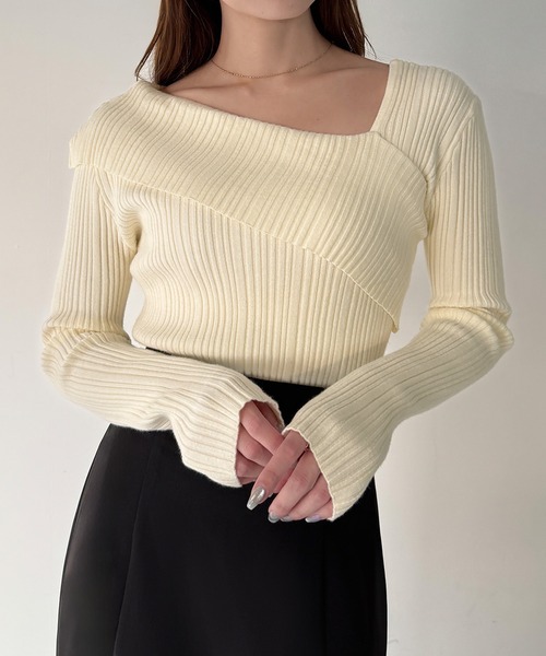 セール】アシンメトリーロールカラーニットトップス（ニット/セーター