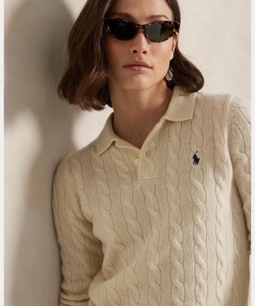 POLO RALPH LAUREN（ポロ ラルフ ローレン）の「ケーブルニット ウールカシミヤ ポロ セーター（ニット/セーター・レディース・ホワイト・S/M/L/XL/XS）」の5枚目の写真