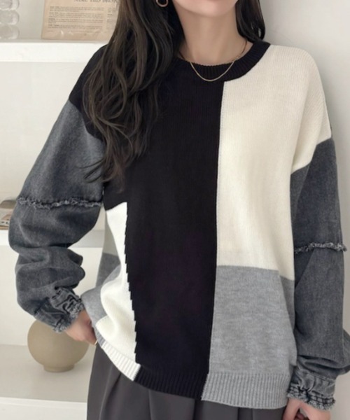 A.D.C.L.（エーディーシーエル）の「袖デニム切替 カラーブロッキング ニットプルオーバー（ニット/セーター・レディース・ブラック/レッド・M/L）」の17枚目の写真