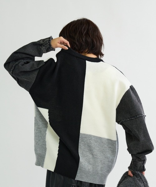 A.D.C.L.（エーディーシーエル）の「袖デニム切替 カラーブロッキング ニットプルオーバー（ニット/セーター・レディース・ブラック/レッド・M/L）」の6枚目の写真