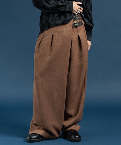 Double belt asymmetry tweed slacks/ダブルベルトアシンメトリー