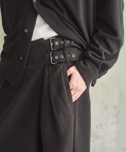 セール】Double belt asymmetry tweed slacks/ダブルベルト