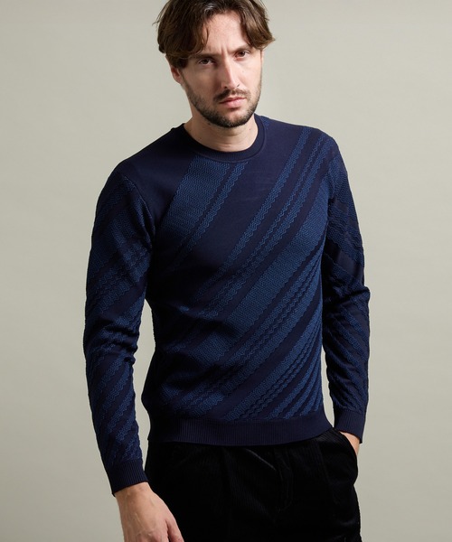 HIDEAWAYS NICOLE(ハイダウェイニコル)の「【HIDEAWAYS BLACK】バイアスリンクスジャカードクルーネックニット(ニット/セーター・メンズ・ブラック/ホワイト×ライトグレー/ブラック×グレー/ネイビー・X-LARGE/LARGE/MEDIUM)」の4枚目の写真