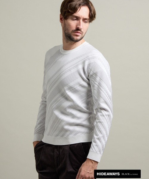 HIDEAWAYS NICOLE(ハイダウェイニコル)の「【HIDEAWAYS BLACK】バイアスリンクスジャカードクルーネックニット(ニット/セーター・メンズ・ブラック/ホワイト×ライトグレー/ブラック×グレー/ネイビー・X-LARGE/LARGE/MEDIUM)」の2枚目の写真