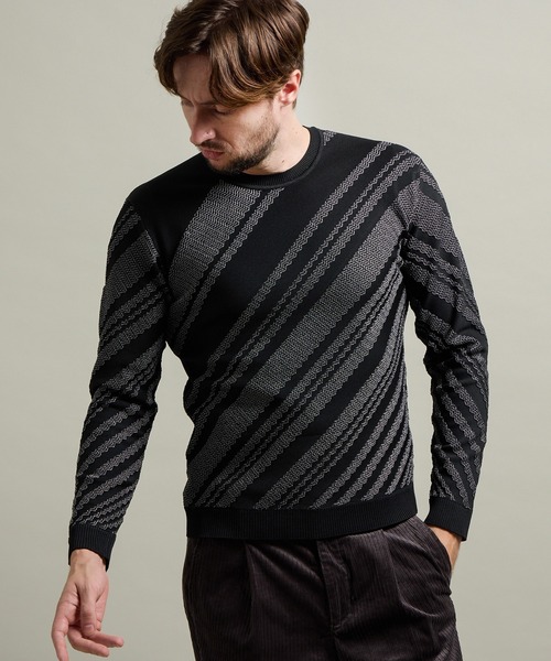 ハイダウェイ（HIDEAWAYS）/【HIDEAWAYS BLACK】バイアスリンクスジャカードクルーネックニット HIDEAWAYS BLACK】バイアスリンクスジャカードクルーネックニット