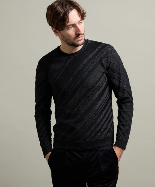 HIDEAWAYS NICOLE(ハイダウェイニコル)の「【HIDEAWAYS BLACK】バイアスリンクスジャカードクルーネックニット(ニット/セーター・メンズ・ブラック/ホワイト×ライトグレー/ブラック×グレー/ネイビー・X-LARGE/LARGE/MEDIUM)」の3枚目の写真