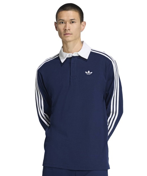 adidas(アディダス)の「adidas 3-STRIPES RUGBY LONGSLEEVE POLO / アディダス 3 ストライプ ラグビー ロングスリーブ ポロ(ポロシャツ・メンズ・ネイビー・M/S/XXL/XL/L)」の1枚目の写真