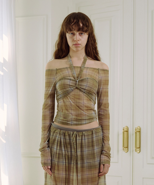 THEPORTA(ザ ポルタ)の「CHECK RIBBON OFF-SHOULDER DRAPE TOP, YELLOW(Tシャツ/カットソー・レディース・その他・FREE)」の1枚目の写真