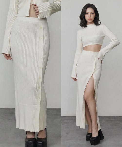DURAS（デュラス）の「ボタンスリットマキシニットスカート（スカート・レディース・ベージュ/ホワイト/ブラック/グレー・FREE）」の2枚目の写真