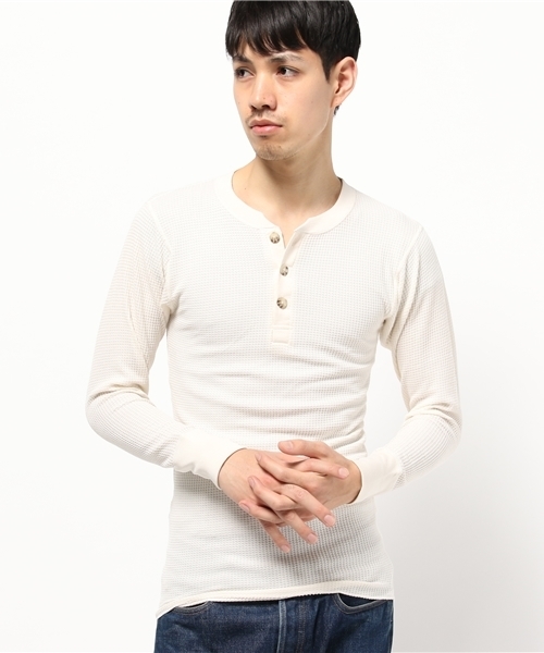 Abiding Aim(アバイディングエイム)の「【JEMORGAN】ワッフル長袖ヘンリーネックTシャツ(Tシャツ/カットソー・メンズ・ホワイト/トップグレー/ネイビー/キナリ/ブラック/カーキ・XL/S/M/L)」の3枚目の写真