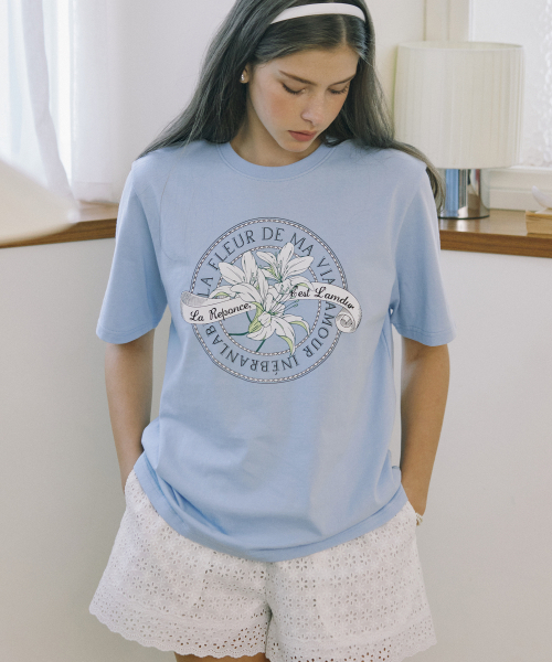 NONLOCAL(ノンローカル)の「Lily Print T-shirt - Light Blue(Tシャツ/カットソー・レディース・その他・FREE)」の1枚目の写真
