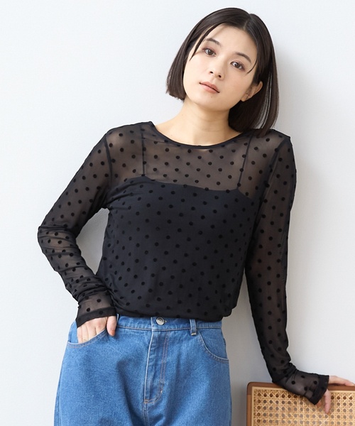 petit main LIEN(プティマインリアン)の「【フォーマル】2wayシアードットトップス(Tシャツ/カットソー・レディース・オフホワイト/ブラック・F)」の2枚目の写真