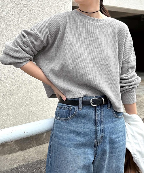 ショート丈ワッフル長袖Tシャツ（Tシャツ/カットソー）｜andme