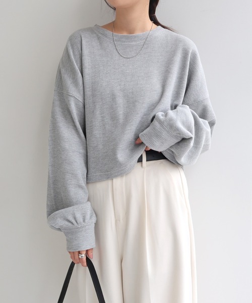 andme(アンドミー)の「ショート丈ワッフル長袖Tシャツ(Tシャツ/カットソー・レディース・杢グレー/オフホワイト/スミクロ・M)」の8枚目の写真