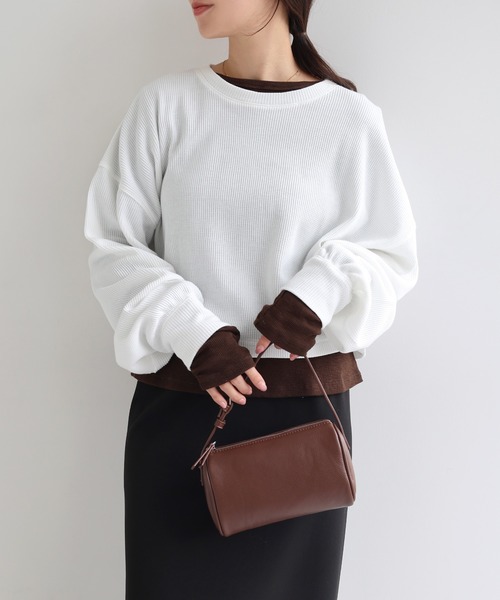 andme(アンドミー)の「ショート丈ワッフル長袖Tシャツ(Tシャツ/カットソー・レディース・杢グレー/オフホワイト/スミクロ・M)」の11枚目の写真