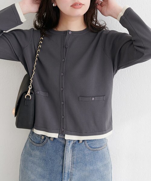 natural couture（ナチュラルクチュール）の「お家で洗える配色ちび釦カーディガン（カーディガン/ボレロ・レディース・サックスブルー/ピンク/オフホワイト/チャコールグレー・FREE）」の3枚目の写真