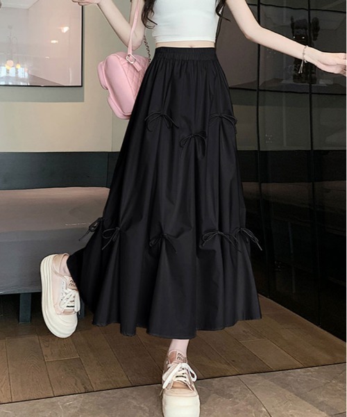 kirakiraShop(キラキラショップ)の「リボンデザイン フレア ロング スカート(スカート・レディース・ピンク/ホワイト/ブラック/ベージュ・FREE)」の2枚目の写真