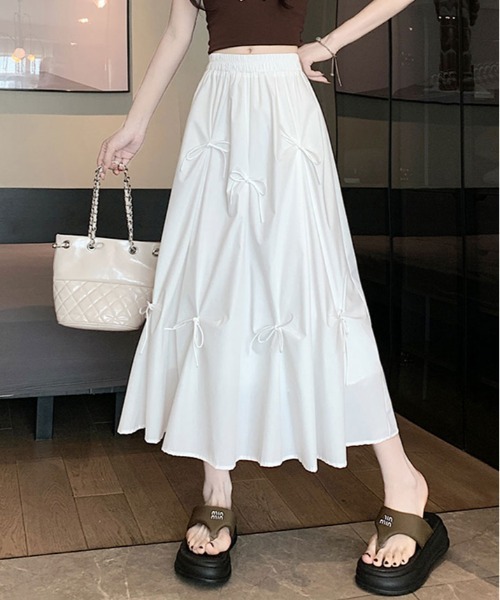 kirakiraShop(キラキラショップ)の「リボンデザイン フレア ロング スカート(スカート・レディース・ピンク/ホワイト/ブラック/ベージュ・FREE)」の5枚目の写真