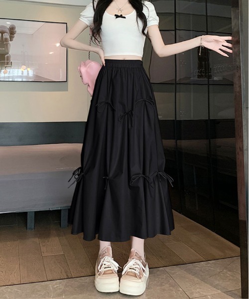 kirakiraShop(キラキラショップ)の「リボンデザイン フレア ロング スカート(スカート・レディース・ピンク/ホワイト/ブラック/ベージュ・FREE)」の16枚目の写真