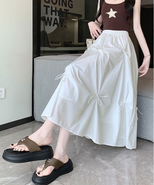 kirakiraShop(キラキラショップ)の「リボンデザイン フレア ロング スカート(スカート・レディース・ピンク/ホワイト/ブラック/ベージュ・FREE)」の6枚目の写真