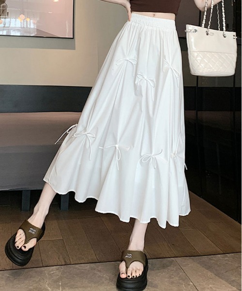 kirakiraShop(キラキラショップ)の「リボンデザイン フレア ロング スカート(スカート・レディース・ピンク/ホワイト/ブラック/ベージュ・FREE)」の7枚目の写真