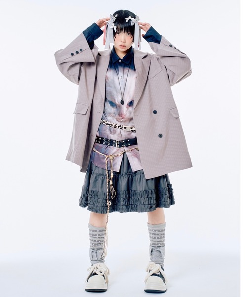 Never mind the XU / Chikashitsu+（ネバーマインド ザ エックスユー / チカシツプラス）の「【Nerd out XU】midium frill banding skirt / 【ナードアウトエックスユー】ミディアムフリルバンディングスカート <着用動画あり>（スカート・レディース・グレー/ブラック/ホワイト・S）」の3枚目の写真