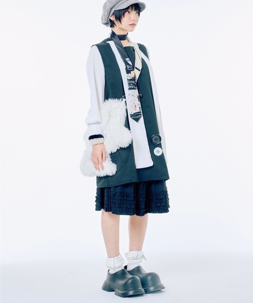 Never mind the XU / Chikashitsu+（ネバーマインド ザ エックスユー / チカシツプラス）の「【Nerd out XU】midium frill banding skirt / 【ナードアウトエックスユー】ミディアムフリルバンディングスカート <着用動画あり>（スカート・レディース・グレー/ブラック/ホワイト・S）」の21枚目の写真