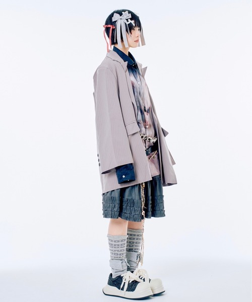 Never mind the XU / Chikashitsu+（ネバーマインド ザ エックスユー / チカシツプラス）の「【Nerd out XU】midium frill banding skirt / 【ナードアウトエックスユー】ミディアムフリルバンディングスカート <着用動画あり>（スカート・レディース・グレー/ブラック/ホワイト・S）」の9枚目の写真