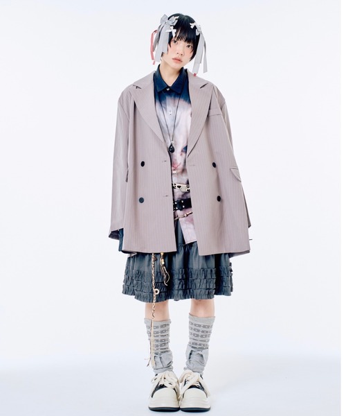 Never mind the XU / Chikashitsu+（ネバーマインド ザ エックスユー / チカシツプラス）の「【Nerd out XU】midium frill banding skirt / 【ナードアウトエックスユー】ミディアムフリルバンディングスカート <着用動画あり>（スカート・レディース・グレー/ブラック/ホワイト・S）」の8枚目の写真