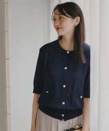 小さいサイズ ゴールド調ボタン5分袖カーディガン 低身長さん・小柄女性