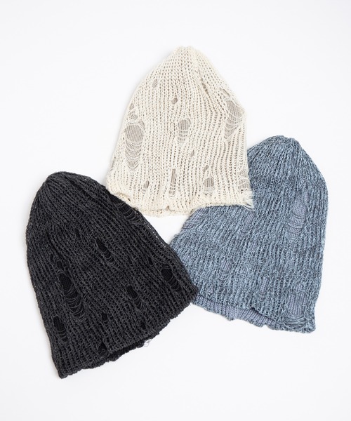 RACAL（ラカル）の「Ripped Cotton Knit Layered Summer Beanie / ダメージ風針抜き編みレイヤードコットンニットビーニー（ニットキャップ/ビーニー・レディース・アイボリー/ブラック/ブルー・FREE）」の4枚目の写真