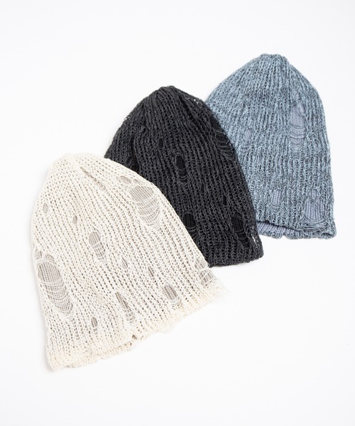 RACAL（ラカル）の「Ripped Cotton Knit Layered Summer Beanie / ダメージ風針抜き編みレイヤードコットンニットビーニー（ニットキャップ/ビーニー・レディース・アイボリー/ブラック/ブルー・FREE）」の5枚目の写真