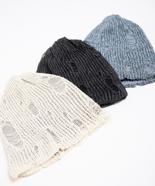 RACAL（ラカル）の「Ripped Cotton Knit Layered Summer Beanie / ダメージ風針抜き編みレイヤードコットンニットビーニー（ニットキャップ/ビーニー・レディース・アイボリー/ブラック/ブルー・FREE）」の6枚目の写真