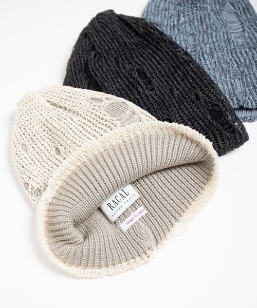 RACAL（ラカル）の「Ripped Cotton Knit Layered Summer Beanie / ダメージ風針抜き編みレイヤードコットンニットビーニー（ニットキャップ/ビーニー・レディース・アイボリー/ブラック/ブルー・FREE）」の7枚目の写真