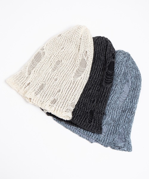 RACAL（ラカル）の「Ripped Cotton Knit Layered Summer Beanie / ダメージ風針抜き編みレイヤードコットンニットビーニー（ニットキャップ/ビーニー・レディース・アイボリー/ブラック/ブルー・FREE）」の9枚目の写真