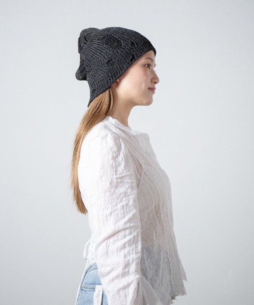 RACAL（ラカル）の「Ripped Cotton Knit Layered Summer Beanie / ダメージ風針抜き編みレイヤードコットンニットビーニー（ニットキャップ/ビーニー・レディース・アイボリー/ブラック/ブルー・FREE）」の22枚目の写真