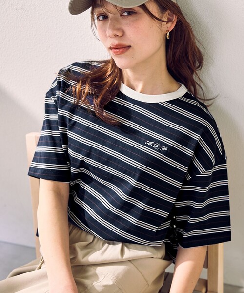 ANY(エニィ)の「リンガーTシャツ(Tシャツ/カットソー・レディース・ネイビー系2/アイボリー系/ベージュ系2/ダークブラウン系・X-LARGE)」の4枚目の写真