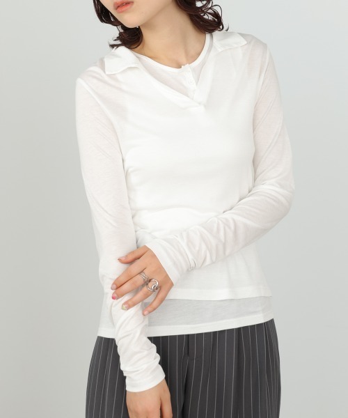 Bab(バブ)の「レイヤード/スキッパーカットソー+タンクSET(Tシャツ/カットソー・レディース・ライトグリーン/オフホワイト/杢グレー・FREE)」の2枚目の写真