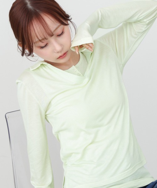 Bab(バブ)の「レイヤード/スキッパーカットソー+タンクSET(Tシャツ/カットソー・レディース・ライトグリーン/オフホワイト/杢グレー・FREE)」の3枚目の写真