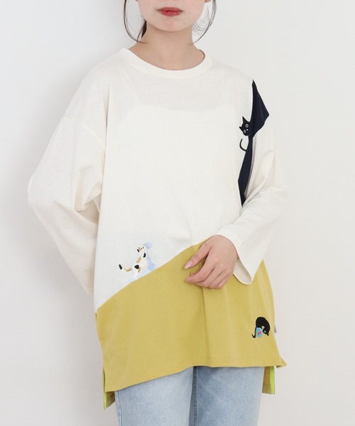 Quelle Chance(ケルシャンス)の「配色切替 長袖プルオーバー 猫(Tシャツ/カットソー・レディース・イエロー系その他/グリーン系その他・L/M)」の3枚目の写真
