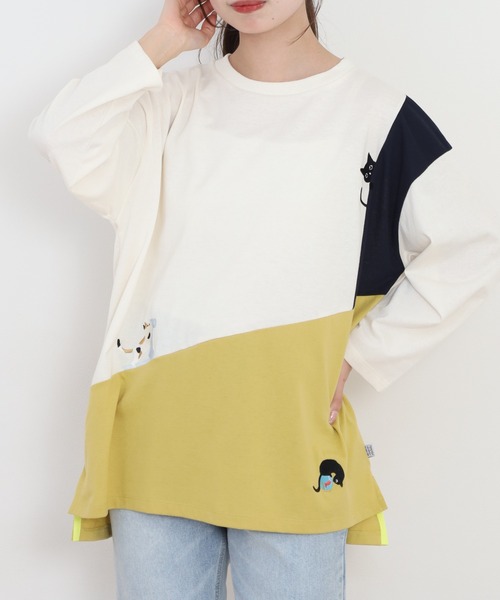 Quelle Chance(ケルシャンス)の「配色切替 長袖プルオーバー 猫(Tシャツ/カットソー・レディース・イエロー系その他/グリーン系その他・L/M)」の4枚目の写真